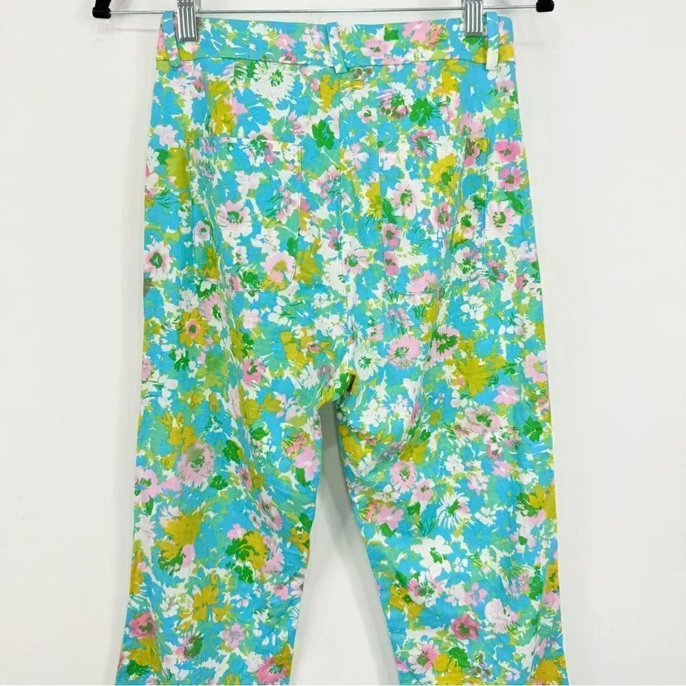 Zara Colorful Floral Retro Inspired Linen Blend High Rise Cropped Ankle Pants